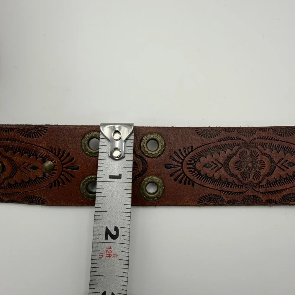 Fossil Brown Tooled Leather Western Belt Floral Studded 42in